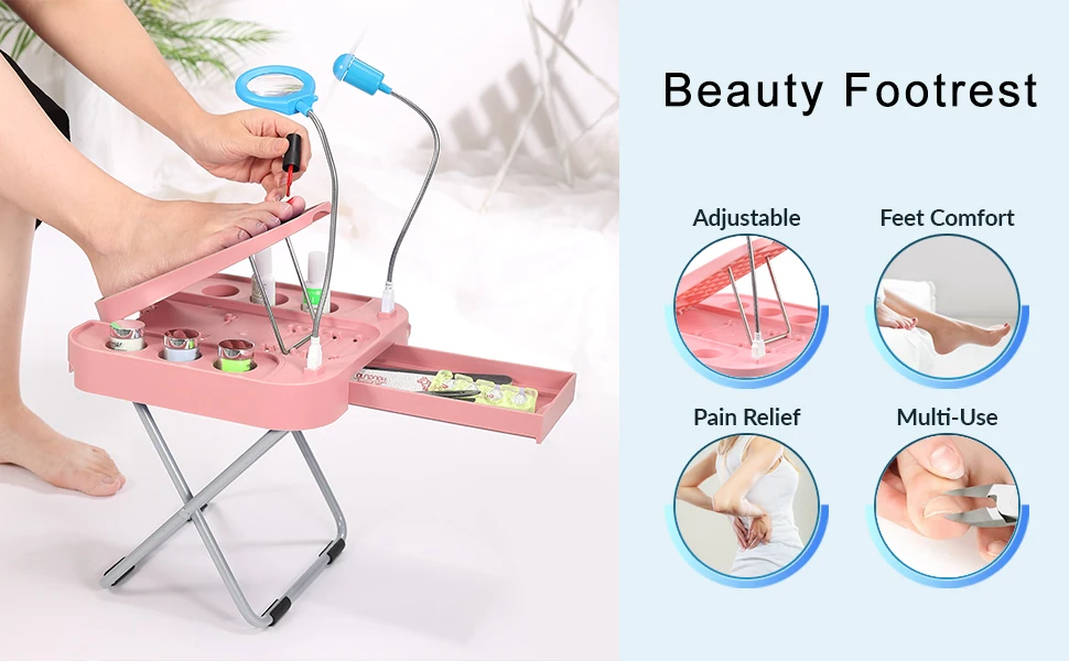 The Beauty Footrest for Easy At-Home Pedicures, No More Bending With LED Magnifier Fan Non-Slip Sturdy Legs & Built-in Storage