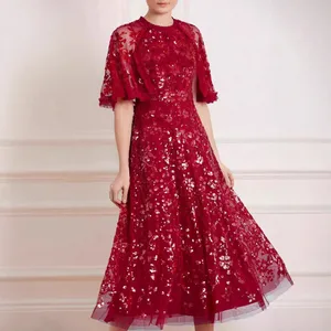 Factory Wholesale Lady Cape Poncho Gown Plus Size Long Summer Evening Party Maxi Dress Sequined Applique Flower Embroidery