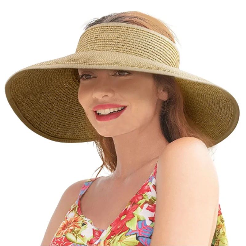 Summer Roll Up Sun Visors Hat For Women Wide Brim Straw Bowknot Women