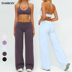Evaricky Customized Logo High Elasticity Gym Fitness Yoga Clothes Running Loose Pants Halter Neck Sports Bra Yoga 2-Piece Set