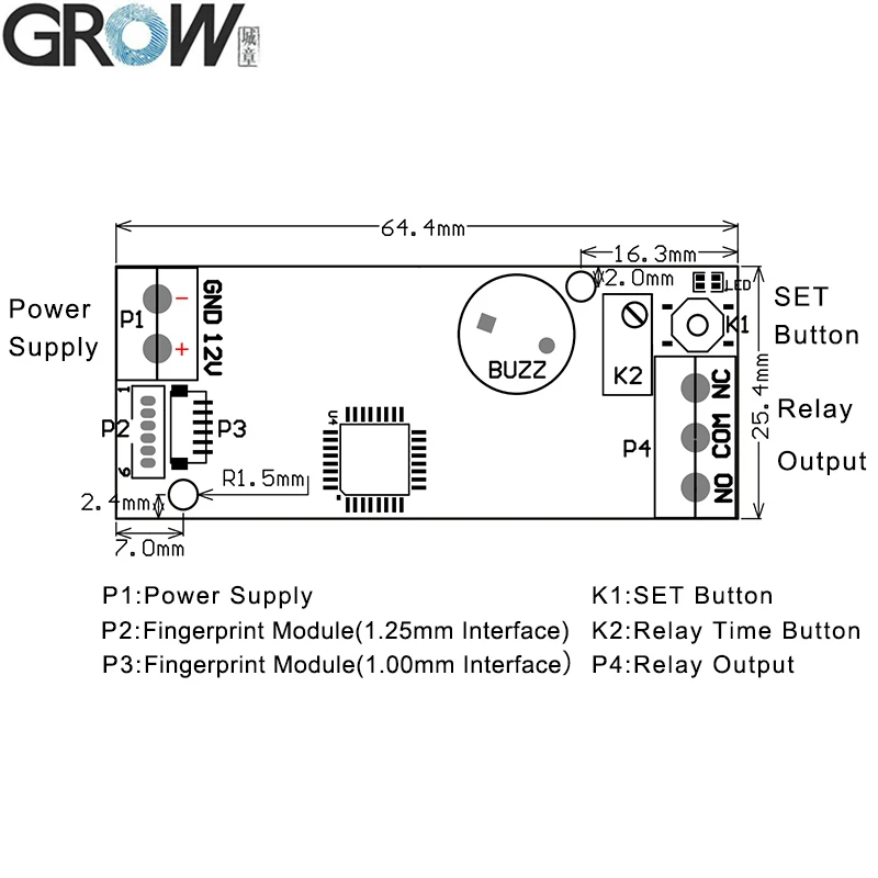 K202 DC12V Low Power Consumption Rotatable Relay Button Fingerprint Control Board