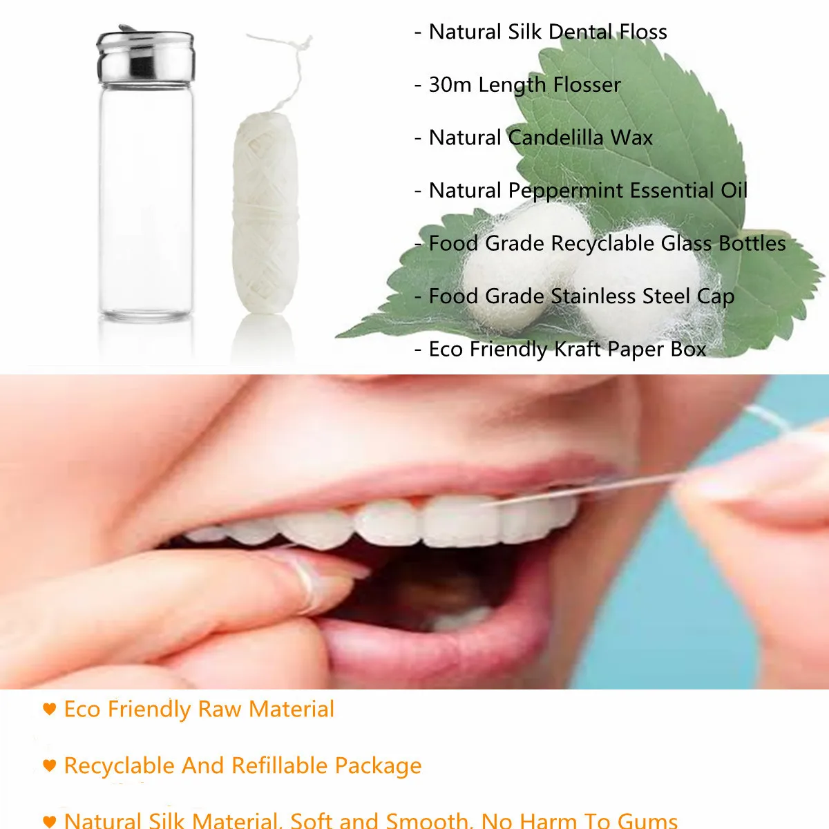 Zero Waste Floss Product Glass Bottle Container Biodegradable Natural