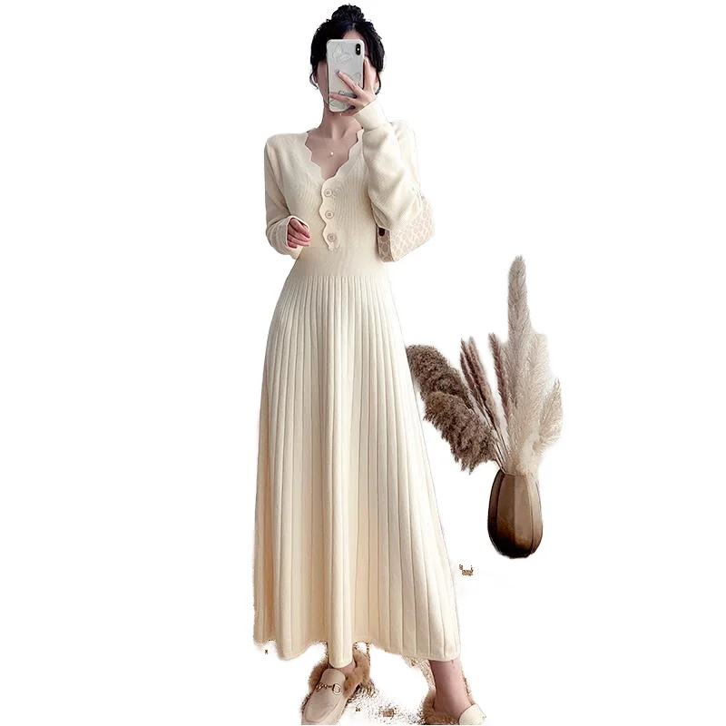 Autumn Winter Women's A-Line Midi Dress, Casual V-Neck Long Sleeve Knit  Dress, Solid Color with Natural Waistline