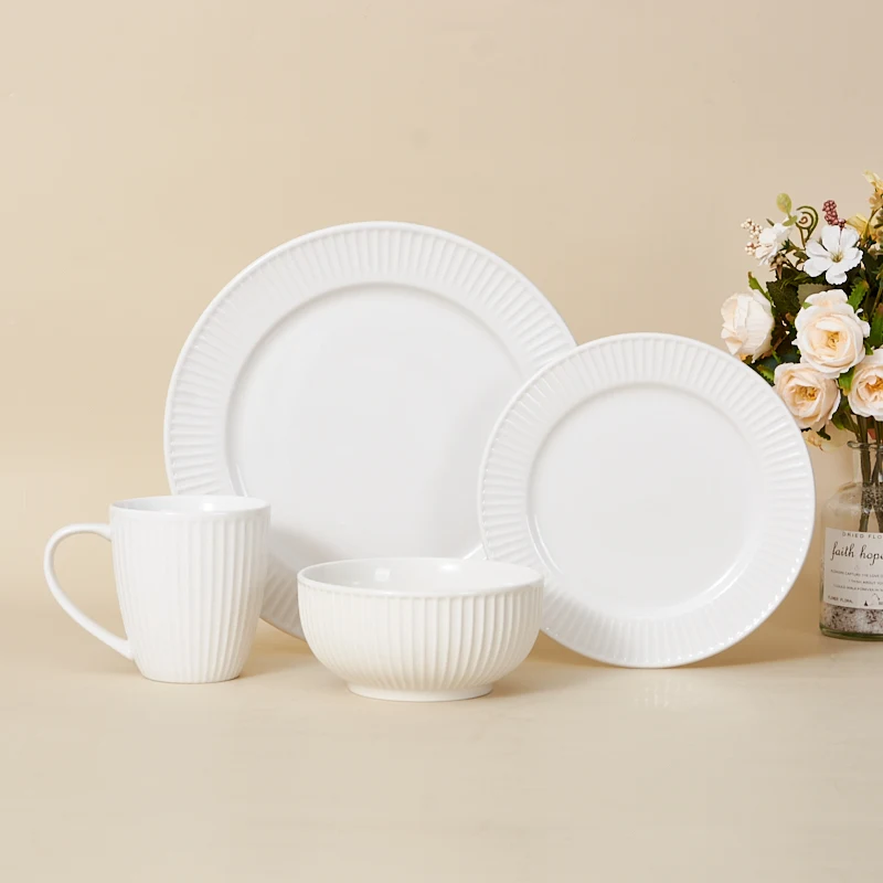 Customized Modern White Ceramic Dinnerware Set Embossed and Durable for Home Hotel or Holidays