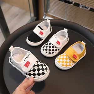 2026 Spring Autumn New Plaid Canvas Casual Shoes for Boys Girls Children Baby Kindergarten Indoor Lace-Up Closure