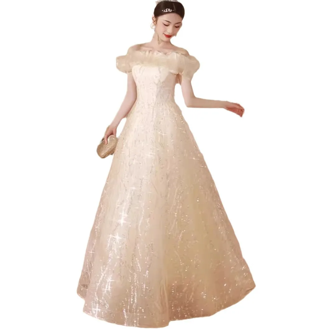 Off-Shoulder Champagne Organza Evening Gown A-Line Empire Waist Ruffles Graduation  Banquet Dress Women's| Alibaba.com