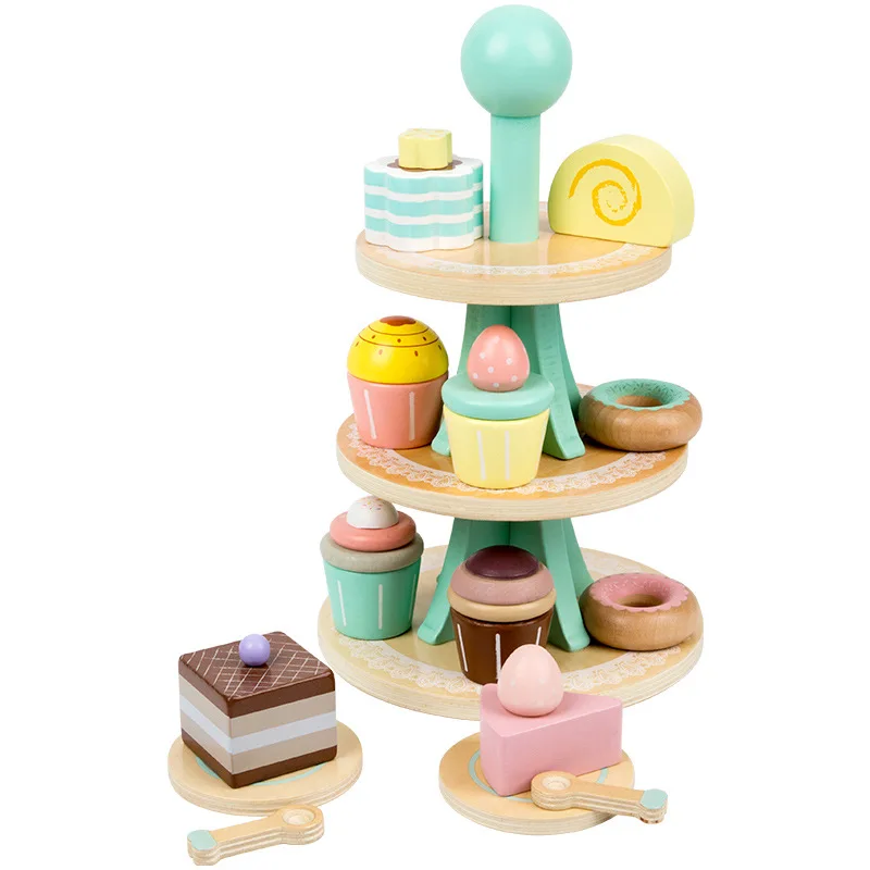 Unisex Wooden Three-Layer Dessert Rack Educational Afternoon Tea Dessert Set