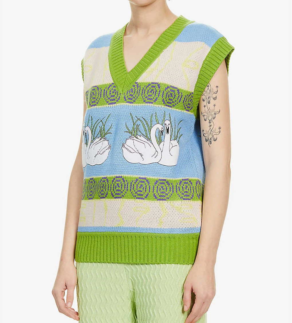 Y2k Custom Spring Retro Fashion Swan Lake Jacquard Embroidery Sleeveless Top Knitted Vest Women's Sweater