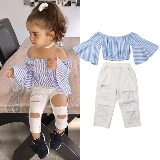 1692 Baby Toddler Girls Clothings Set Off Shoulder Kids Clothes Stripe  Ruffle Sleeve Top+ripped Jeans 2pcs Casual Outfits Sets - Buy Toddler Girls  Clothing Set,Baby Girl Clothes 2pcs,Baby Girl Off Shoulder 2pcs