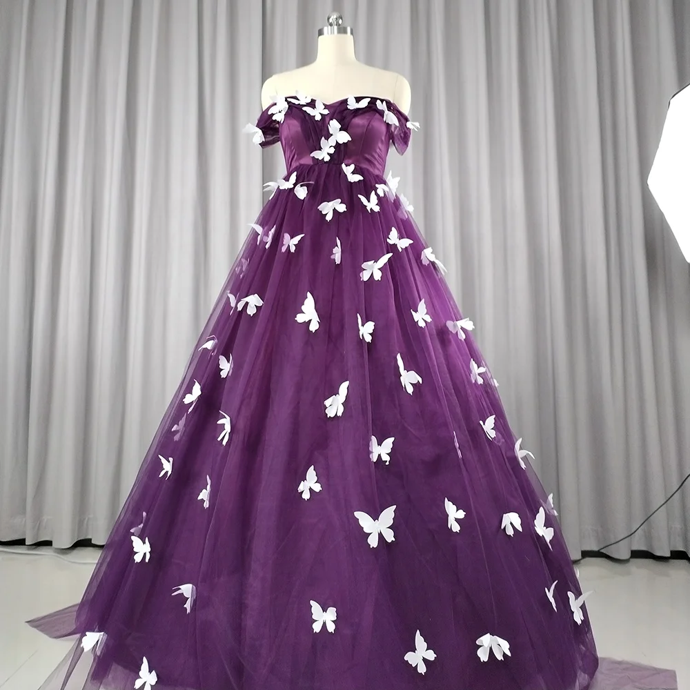 Manufacturer Made Off the shoulder Wedding Bridal Wedding Dress Purple Butterfly Decoration Photo Wedding Dress Ball Gown Buy Wedding Ball Gowns With Straps Wholesale Cheap Price Big Ball Wedding