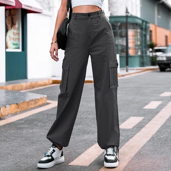 Women Fashion High Waisted Cargo Pants Wide Leg Casual Pants 6 Pockets Combat Trousers