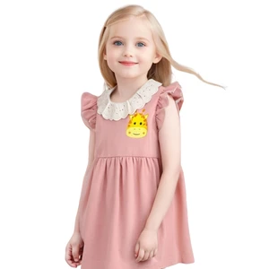 Wholesale Natural Dye Baby Girl Dress with Flying Sleeves Cute Cartoon Pattern and Ruffle Decoration Available in Pink