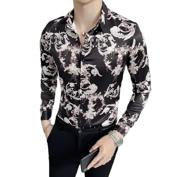 Trend Man Club Phoenix tail flower printed long sleeved men shirt high-quality men's shirt casual party shirt