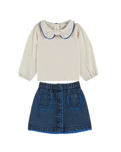 100% Cotton Fashion ODM/OEM Girls' Scallop Collar & Long-sleeved T-shirt and Girls' Short Skirt Clothing Set