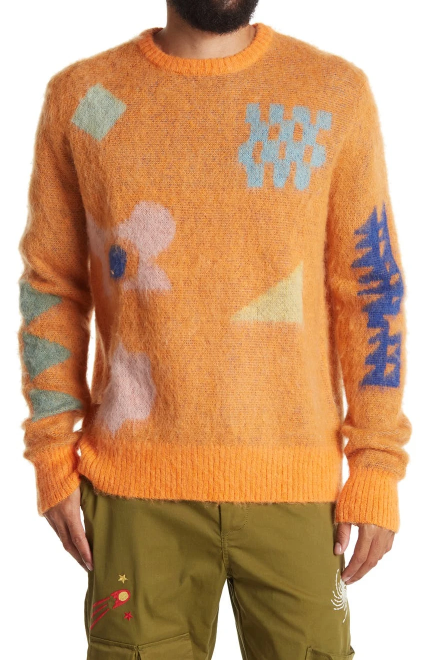 Unisex Jumpers Mohair Jacquard Knitted Oversized Knitwear Custom Logo Fleece Men Sweater Hombre