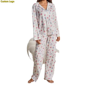 OEM Custom Logo Pyjama Womens 2 Piece Fruit Floral Pajamas Button Down Pajama Sets Cute Long Sleeve Wide Leg Soft Pjs Loungewear
