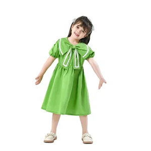 High Quality Korean Version Girls College Style Dress 3-12Y with Puff Sleeves and Bow Decoration ODM Supply