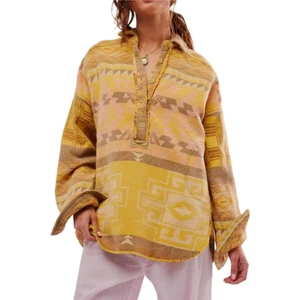 Women's Casual Custom Long Sleeve Pullover Top Sweatshirt Loose Fit Button Collar Geometric Pattern Waterproof Breathable