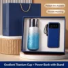 Blue titanium-coated thermos mug, power bank