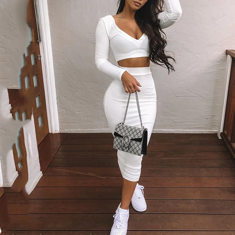 Sexy V-neck Women Cotton Skirt Suits 