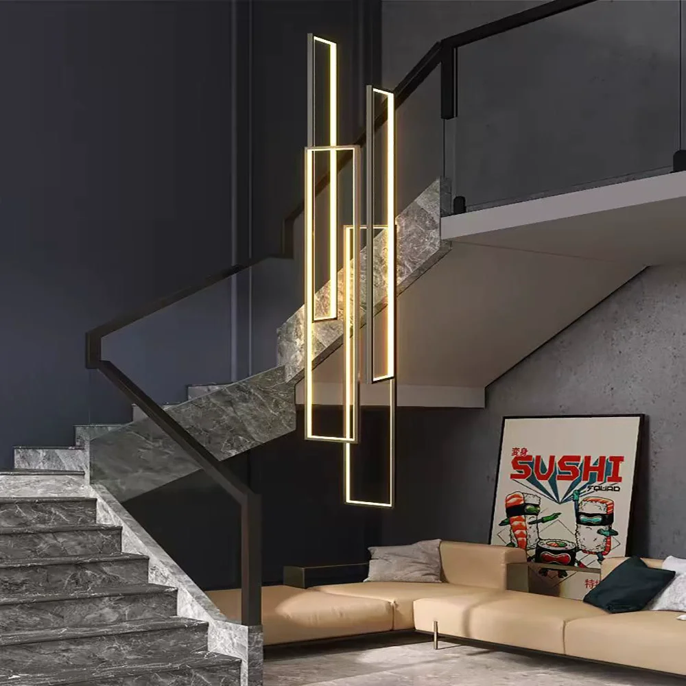 Black Gold Modern Led Pendant Light Hotel High Ceiling Geometric Hanging Lamp Staircase Large Long Customized Acrylic Chandelier