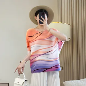 Miyake Printed T-Shirt Top for Women Summer Casual Foreign-Style Joker Short Sleeve Slim Loose Fit Made Polyester Large Size