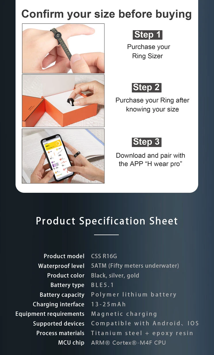 R16G Health Intelligent Wearable Smart Ring 50M Waterproof Blood Pressure Stress Detection Sleep Tracking Smart Ring OEM