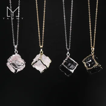 Natural High Quality Cube Square Black Obsidian Clear White Quartz Crystal Pendant Necklace