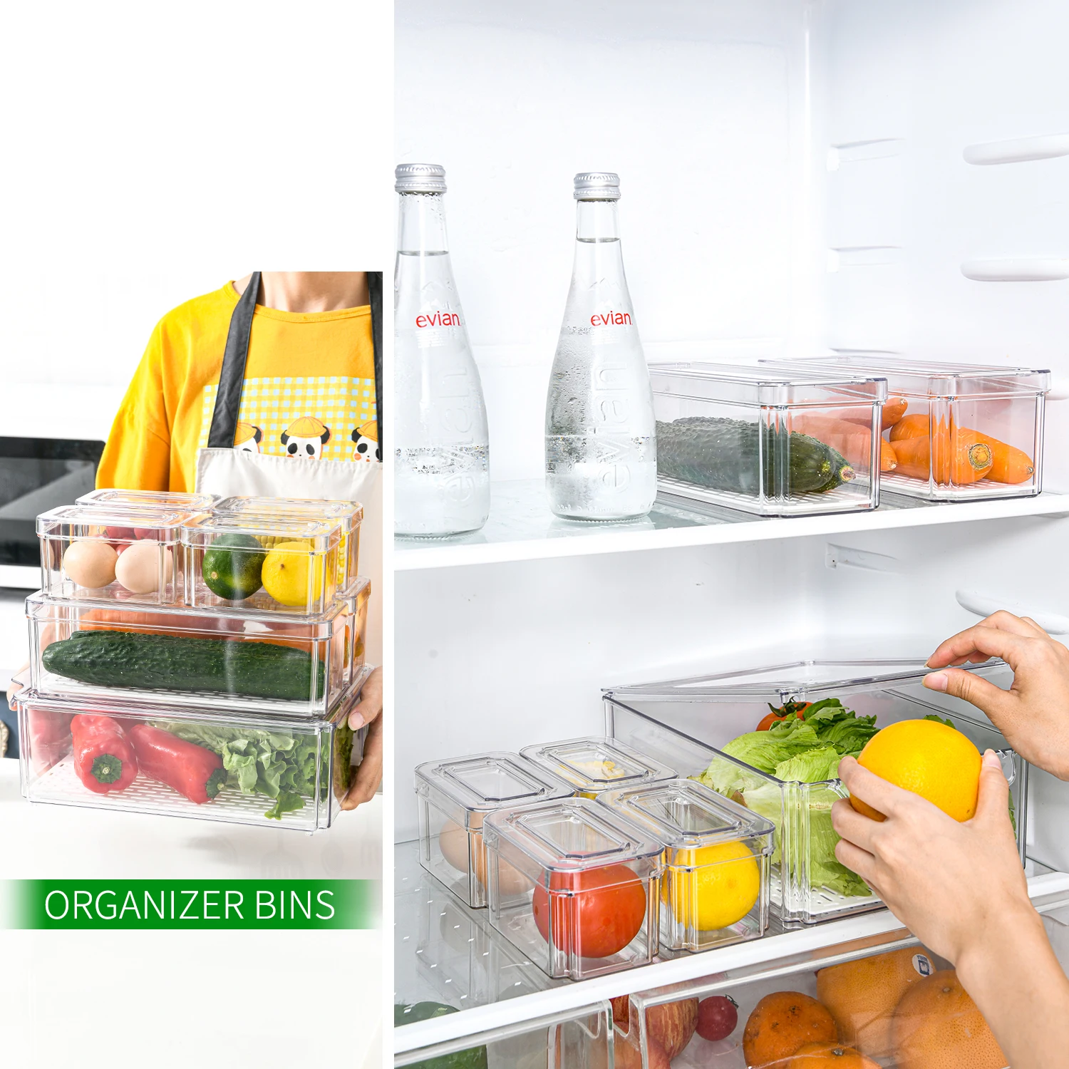 Reusable Refrigerator Organizer Bins Transparent PET Stackable Food Refrigerator Storage Box Container Set