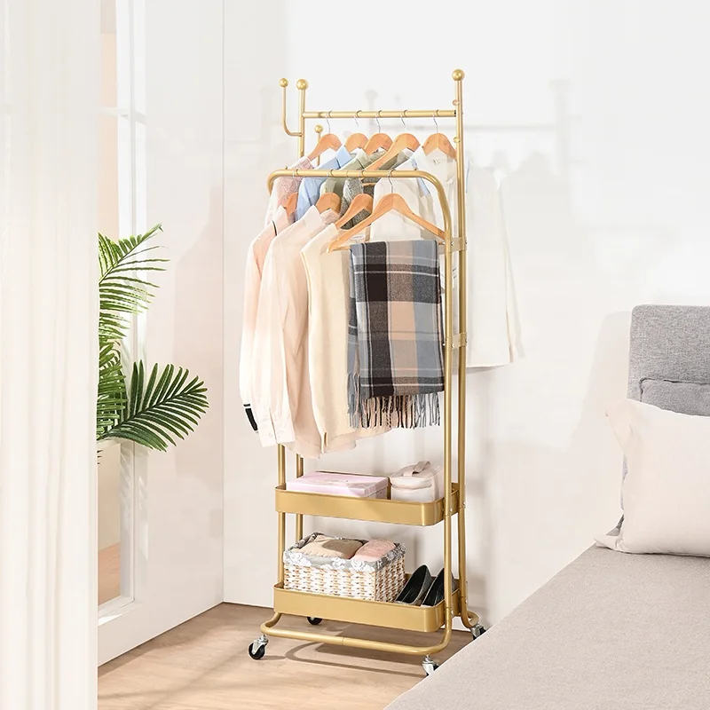 Clothes Hanger Rolling Cart Coat Rack Double Pole Hanger Storage Clothing  Drying Racks Standing Trolley Coat Rack