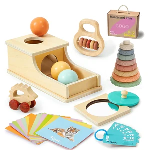 Wooden Montessori Toys 6-12 Months with Object Permanence Box&Stacking Cups&Rattle&Flash Cards 6 in 1 Learning Educational Toys