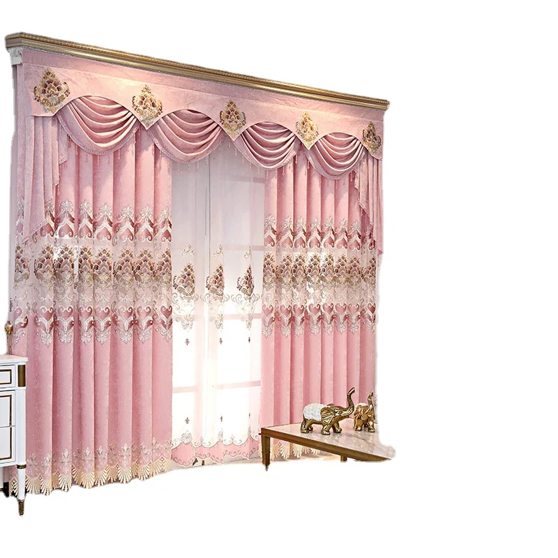 American Style Luxury Pink Chenille Curtain for Living Room