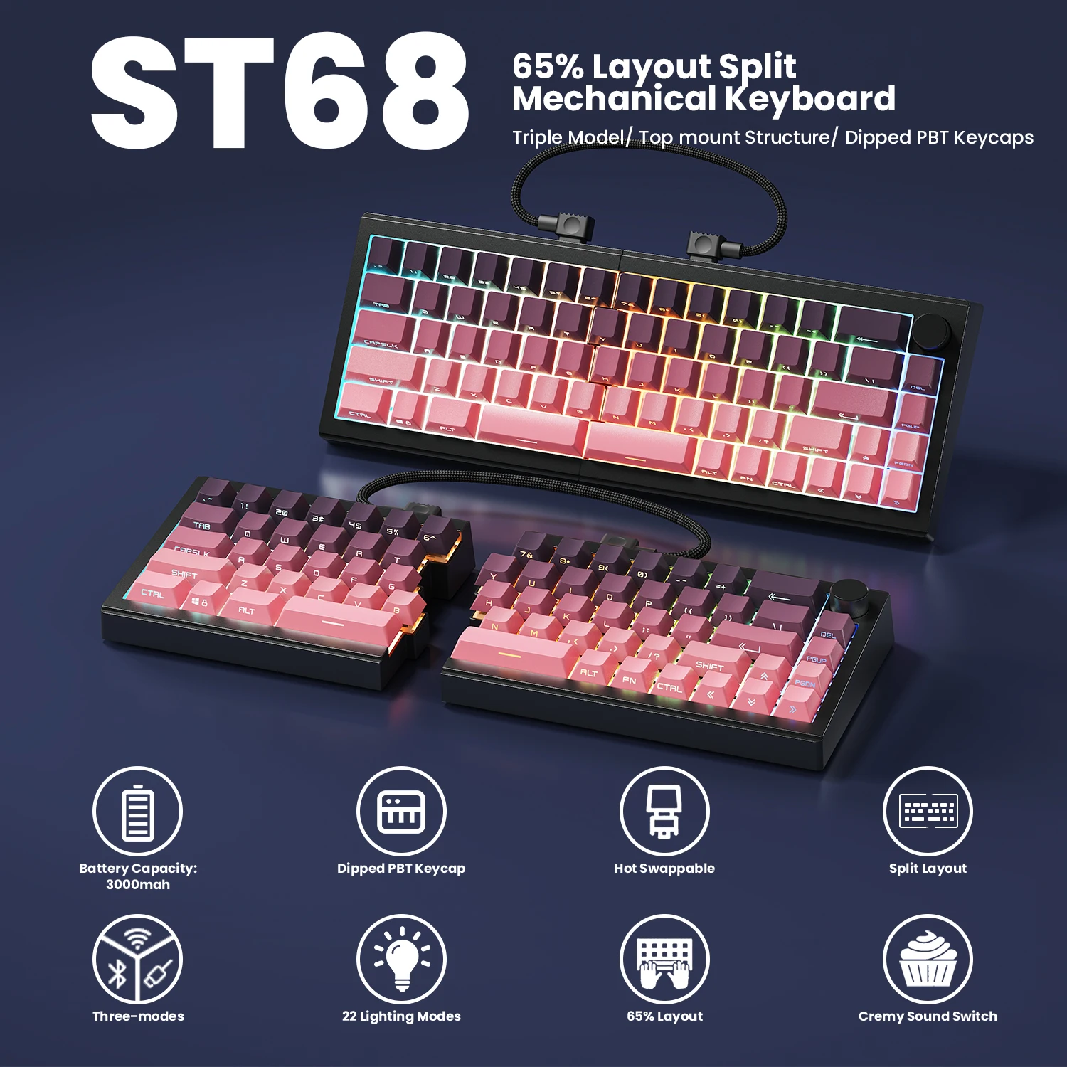 Zornher ST68 Blackberry Split Mechanical Keyboard Wireless RGB