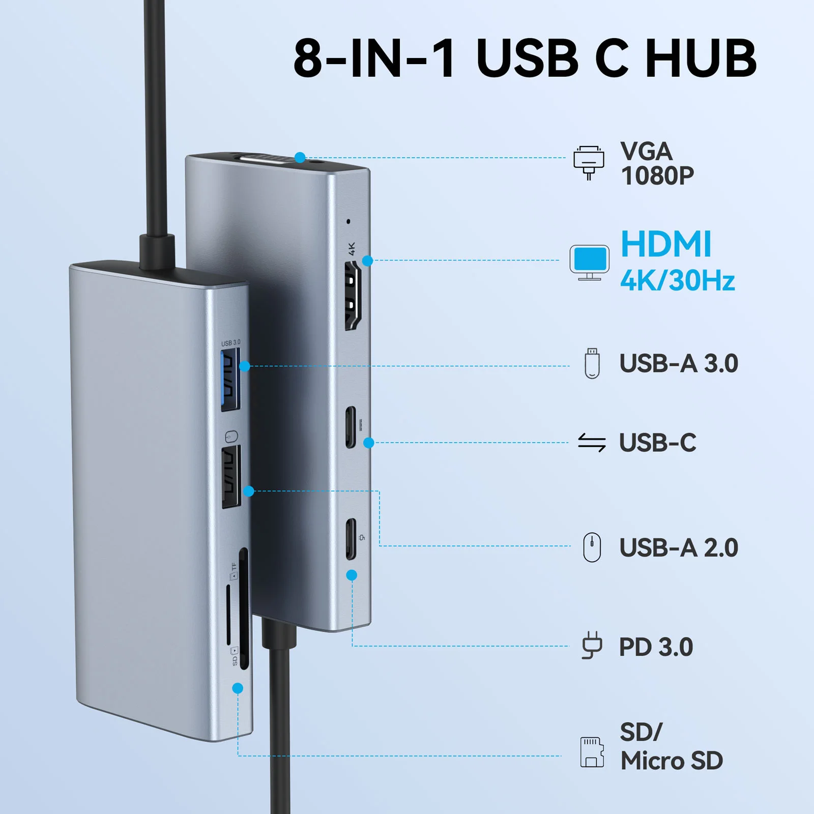 30cm Cable 8 In 1 Multi Function USB C to VGA SD TF 4K Hub Docking Adapter For Mobile Phone Laptop Mac TV Projector