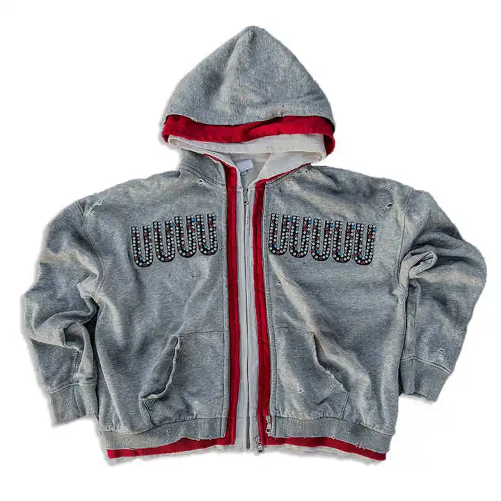 Wholesale Custom Streetwear Double 3 Zipper Acid Wash Vintage Baggy Boxy Rhinestone Triple Layer Zip up Hoodie for Men