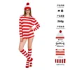 Adult female (top, hat, glasses, red striped socks)
