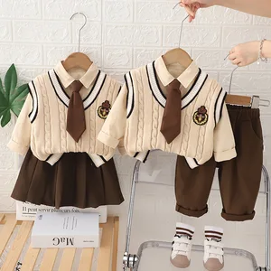 Boys' Girls Babies' Spring Casual Letter Pattern Three-Piece Suit Set Cotton Sweater Vest Pleated Skirt