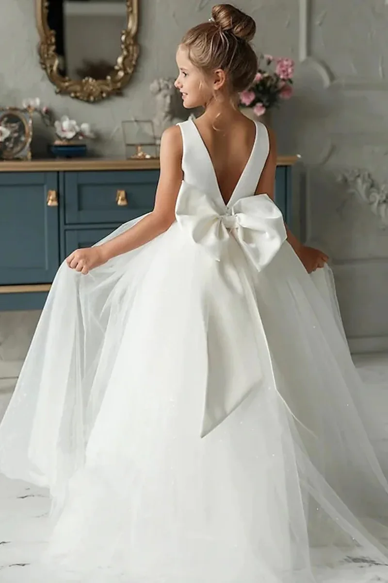 Flower Girls Satin Tulle Princess Pageant Dress For Wedding Kids Pearls