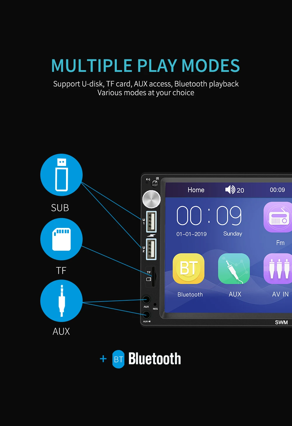 Bestree auto electronics hot sale 7 inch double din car stereo with BT AUX head unit car 2 din car radio