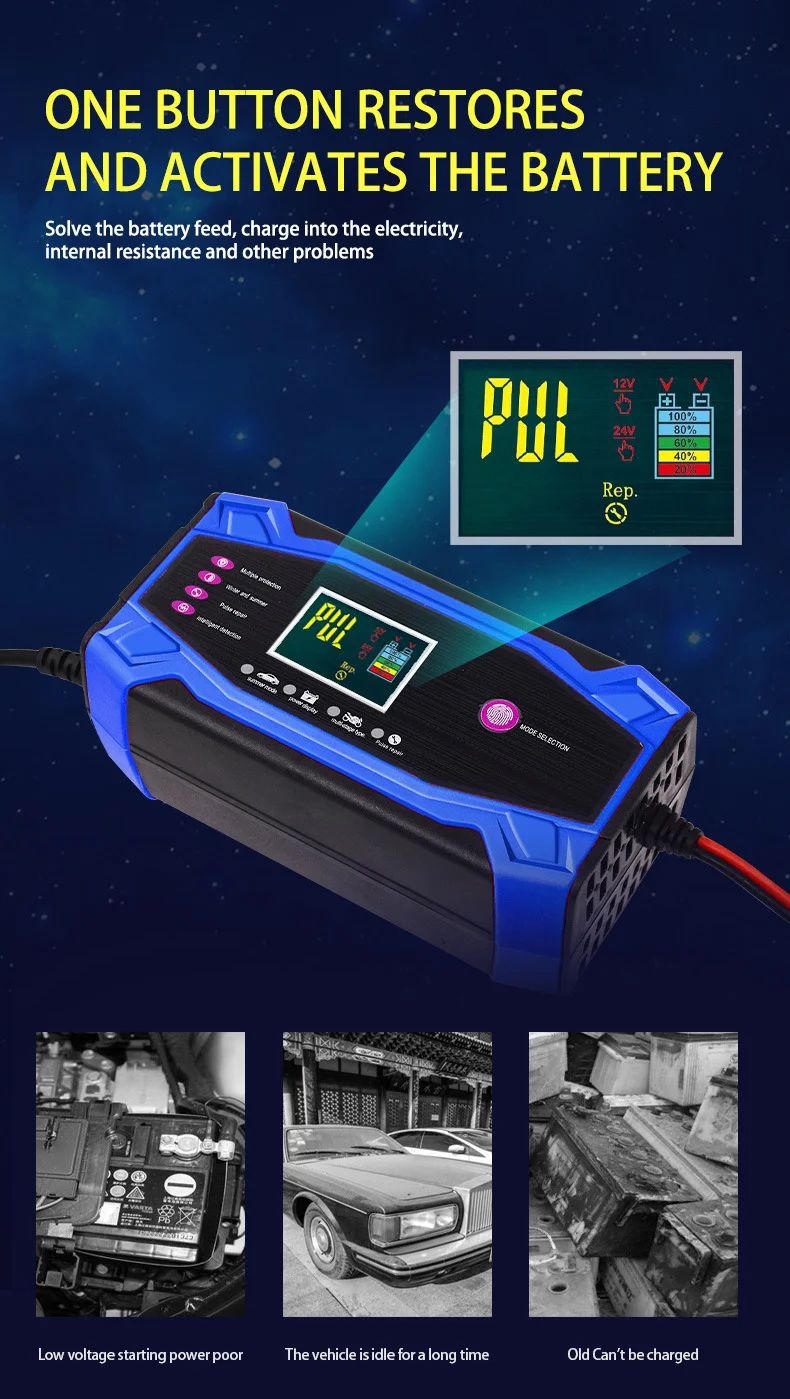 CHAOCHENBEN Hot Sell Blue Intelligent Pulse 12V/24V 10A Car Battery Charger Temperature Compensation Multi-Function Integrated manufacture