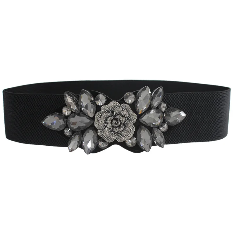 Women Floral Rhinestone Belt Sparkly Beaded Crystal Elastic Waist Wide  Waistband Dress Belts for Ladies