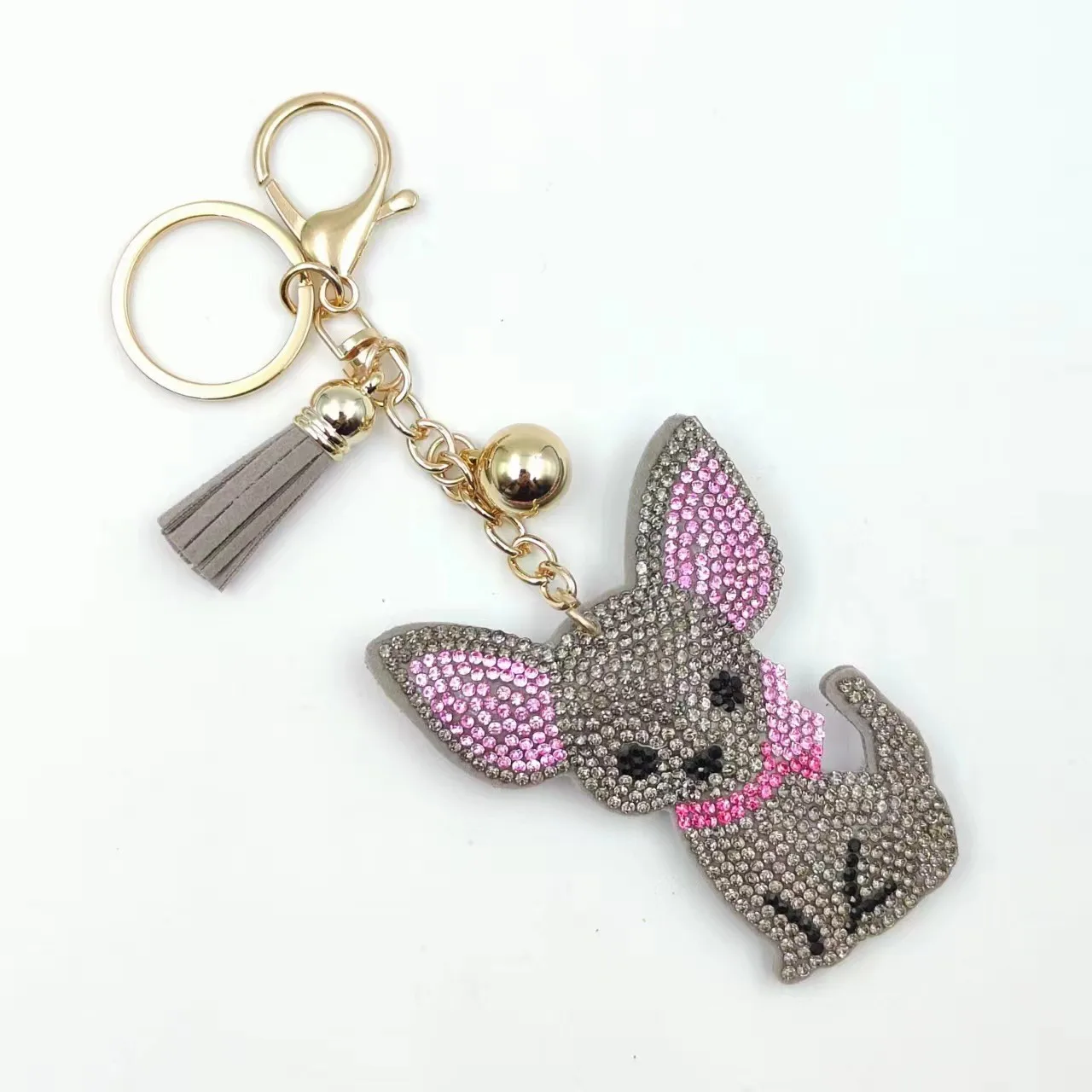 New Cute Luxury Designer Crystal Cartoon Key chain Chihuahua dog Leather  Key Ring Bag Car KeyChain Tassel And Bell