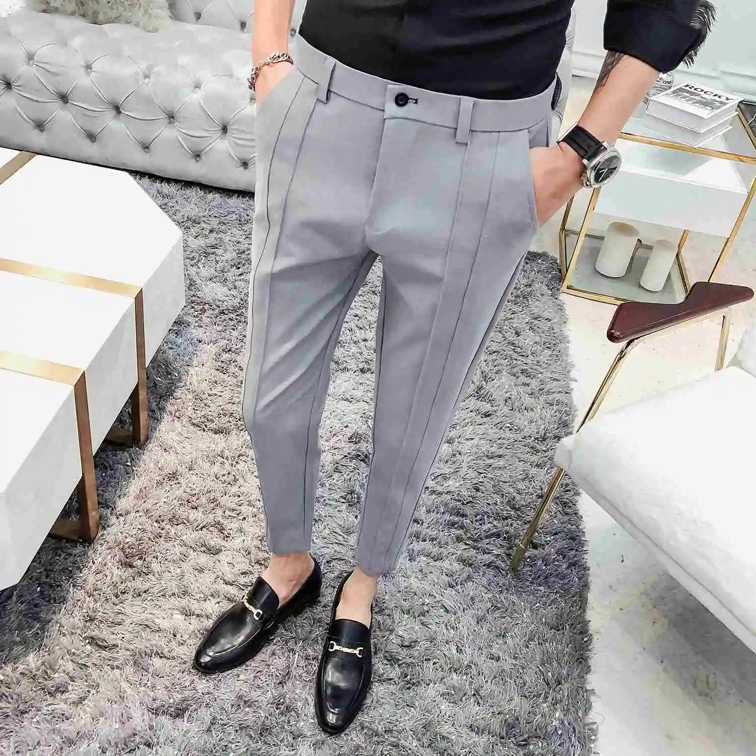 Smart Casual Dress Pants Men Clothing Summer Mid Straight Ankle-Length Suit  Pants Solid Color Fashion Business Trousers (Khaki Suit Pants, XXXL) : Buy  Online at Best Price in KSA - Souq is