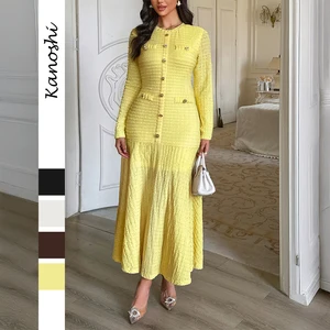 Women's 2026 Fall Bodycon Maxi Dress Fashion Button Round Neck Long Sleeve Ribbed Knit Winter Holiday Casual Dresses