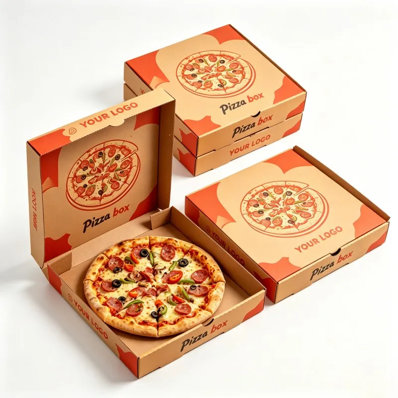 Offset nyomtatású fehér kartonpapír, 3-rétegű hullámpapír pizzás doboz szállításra és elvitelre, élelmiszerminőségű csomagoló doboz, kifutó doboz