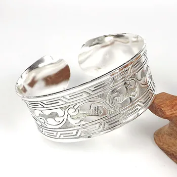 Traditional Ancient Carved Wide Vintage Engraved Cuff Tibetan Silver Ethnic Jewelry Women Bracelets & Bangles