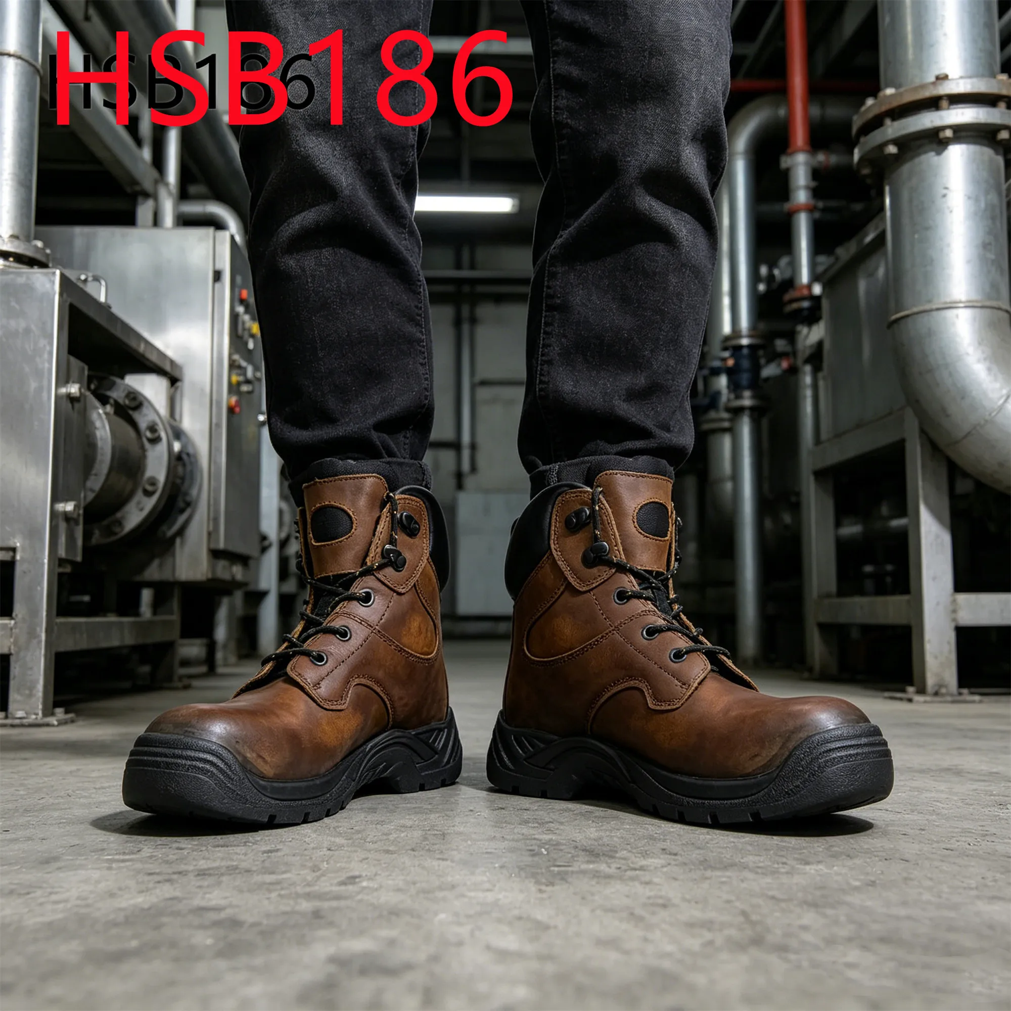 HY,Crazy Horse Leather Mid Calf Brown Color Heavy Duty Boots for Plumbing Factory Floors Anti-nail Toe Protective Shoes HSB186