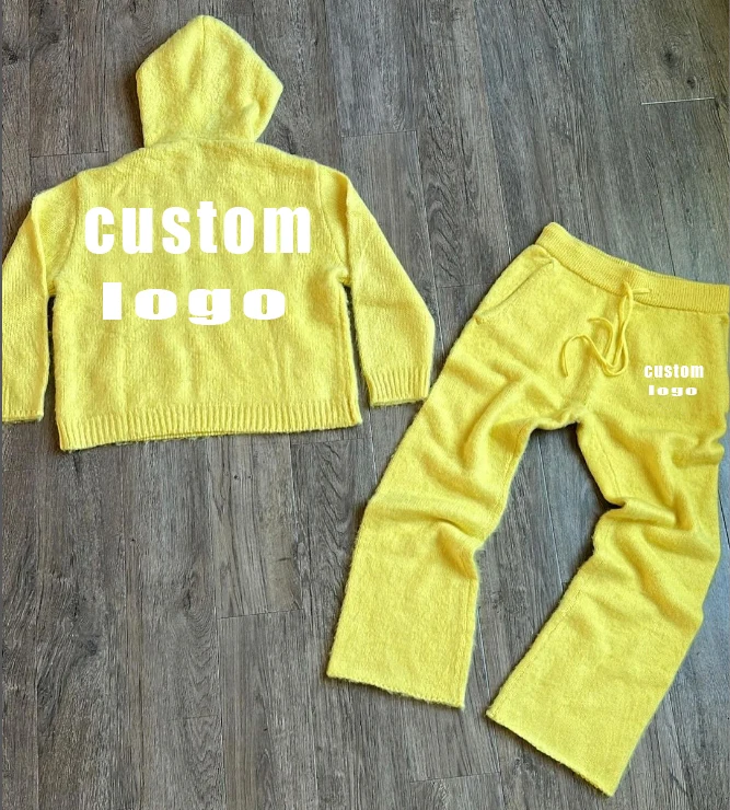 Custom Flared Sweatpants Tracksuit Sweatsuits Unisex Set Oversized Sweat Suit Mohair Zip up Hoodie and Jogger Sweat Pant Set Men gallery 8
