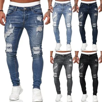 2022 New Cheap Fashion Men's Pant Apparel > Men's Clothing > Men's Jeans Pantalon Jean Pour Homm Light Blue Denim Ripped Jeans