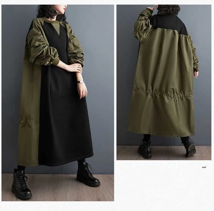 Trendy Fashion Fall Winter Women Ladies Long Sleeve Contrast Color Blocking Loose Long Maxi Straight Dress Casual Women Dress
